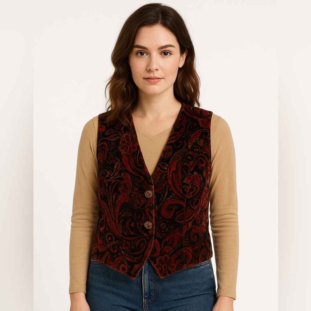 VTG Crushed Velvet Vest Tagged Size 40 Holiday Festive Quirky  Jewel Tones